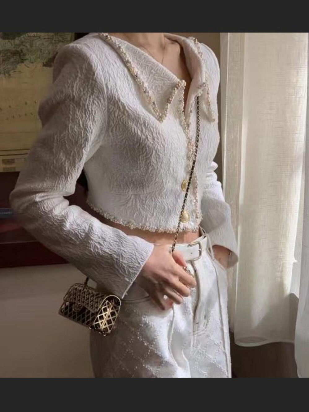 Seooocookie Maria Handmade Pearl Jacket Size Small Crop Cream Feminine K-Fashion - Picture 4 of 11